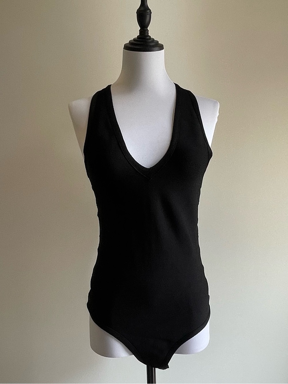 bebe Black V-Neck Sleeveless Bodysuit with Transparent Waist